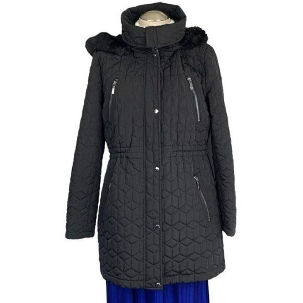 Calvin Klein Fur Trimmed Diamond Quilted 3/4 Length Coat - Black, Size Large